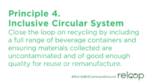 Principle 4. Inclusive Circular System:
Close the loop on recycling by including a full range of beverage containers and ensuring materials collected are uncontaminated and of good enough quality for reuse or remanufacture.