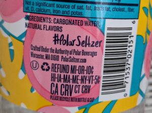 The barcode and refund information on the back of a Polar Seltzer bottle.