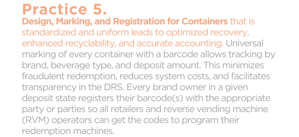Practice 5: Design marking and registration for containers that is standardized and uniform leads to optimized recovery, enhanced recyclability, and accurate accounting.